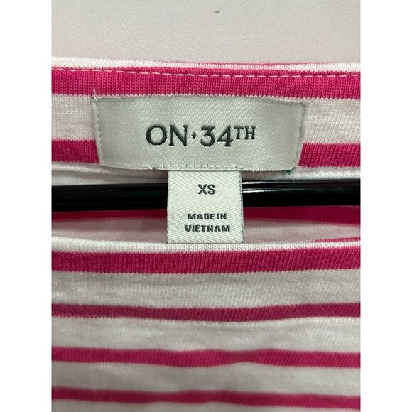 On 34th Striped 3/4 Sleeve Boat Neck Top Pink White Sz XS Cotton Essentials - Picture 6 of 11